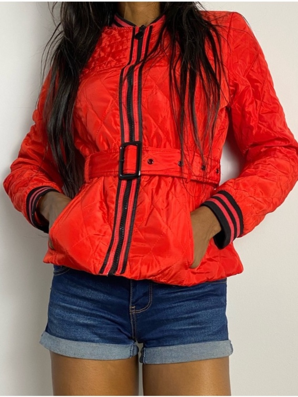 Gorgeous Red Retro Quilted Belted Jacket